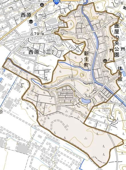 新生町とその周辺の地図。町の範囲を重ねている