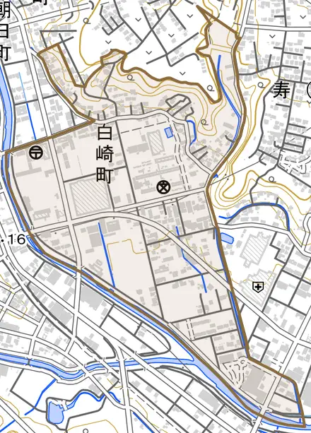 白崎町とその周辺の地図。町の範囲を重ねている