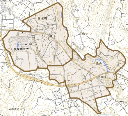 白水町とその周辺の地図。町の範囲を重ねている