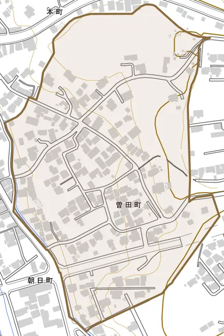 曽田町とその周辺の地図。町の範囲を重ねている