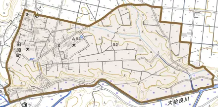 田淵町とその周辺の地図。町の範囲を重ねている