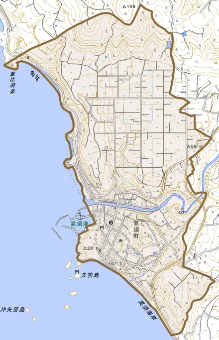 高須町とその周辺の地図。町の範囲を重ねている
