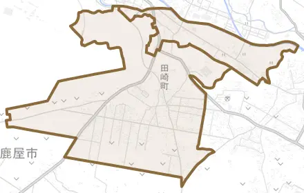 田崎町とその周辺の地図。町の範囲を重ねている