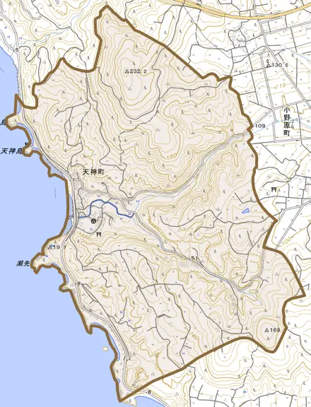 天神町とその周辺の地図。町の範囲を重ねている