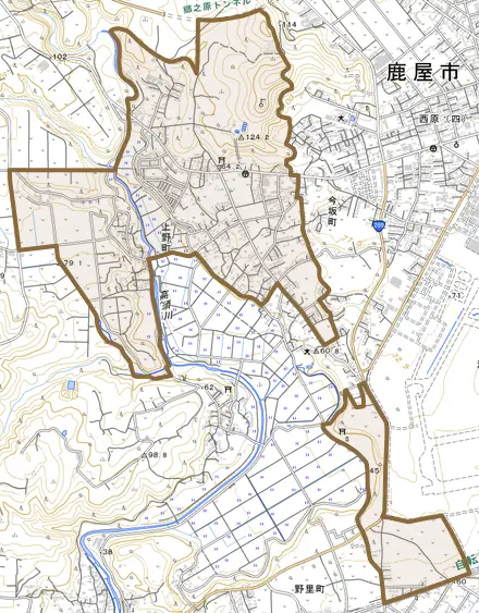 上野町とその周辺の地図。町の範囲を重ねている