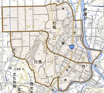 打馬とその周辺の地図。町の範囲を重ねている