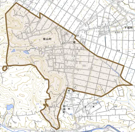 横山町とその周辺の地図。町の範囲を重ねている