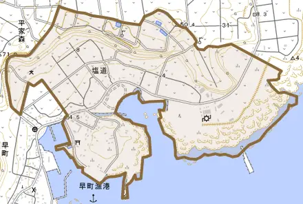 大字塩道とその周辺の地図。町の範囲を重ねている