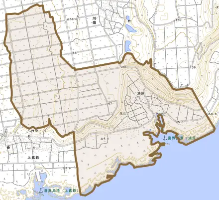 大字浦原とその周辺の地図。町の範囲を重ねている
