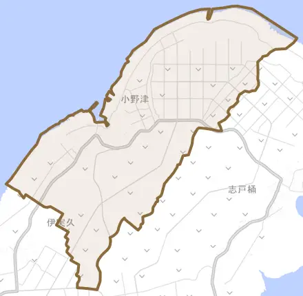 大字小野津とその周辺の地図。町の範囲を重ねている