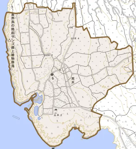 大字荒木とその周辺の地図。町の範囲を重ねている