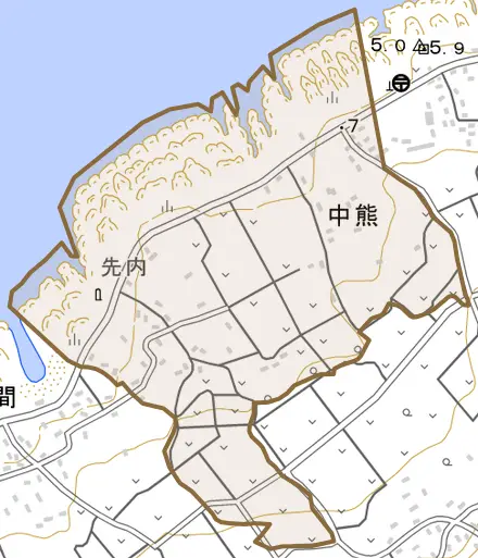 大字中熊とその周辺の地図。町の範囲を重ねている