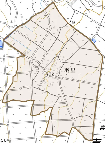 大字羽里とその周辺の地図。町の範囲を重ねている