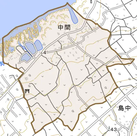 大字中間とその周辺の地図。町の範囲を重ねている