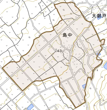大字島中とその周辺の地図。町の範囲を重ねている