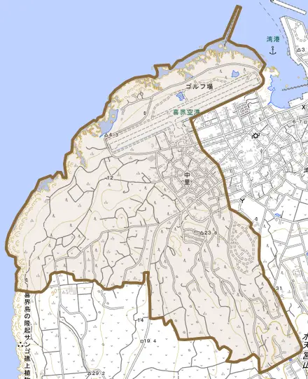 大字中里とその周辺の地図。町の範囲を重ねている