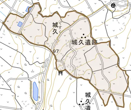 大字城久とその周辺の地図。町の範囲を重ねている