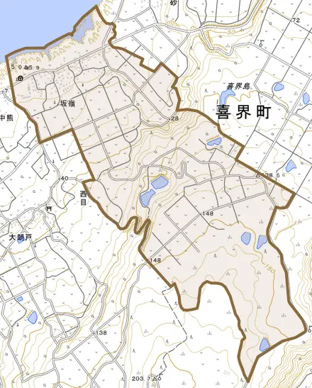 大字坂嶺とその周辺の地図。町の範囲を重ねている