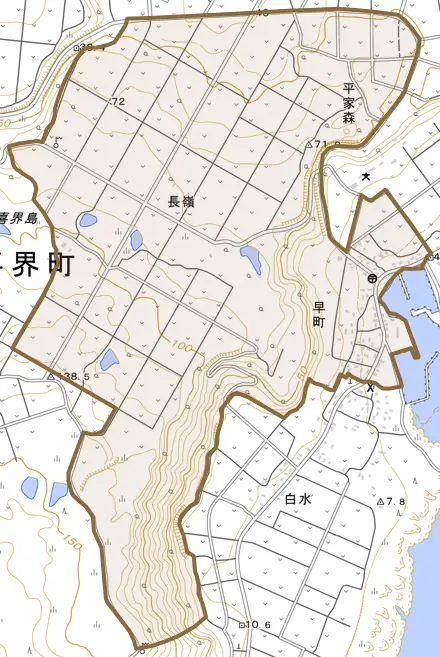 大字早町とその周辺の地図。町の範囲を重ねている