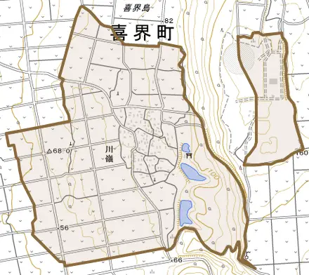 大字川嶺とその周辺の地図。町の範囲を重ねている