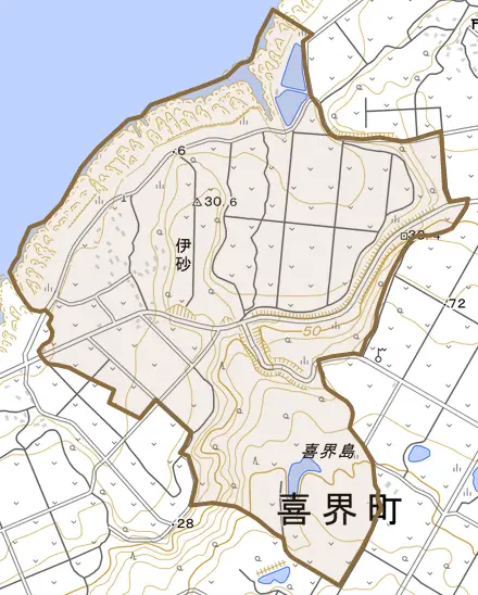 大字伊砂とその周辺の地図。町の範囲を重ねている