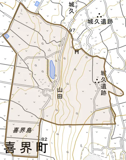 大字山田とその周辺の地図。町の範囲を重ねている