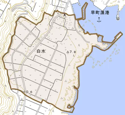 大字白水とその周辺の地図。町の範囲を重ねている