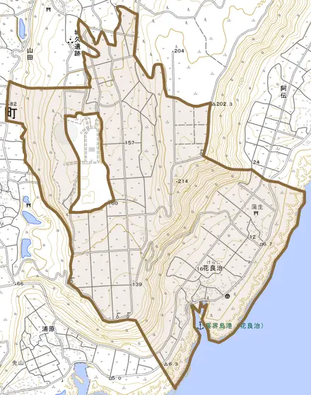 大字花良治とその周辺の地図。町の範囲を重ねている