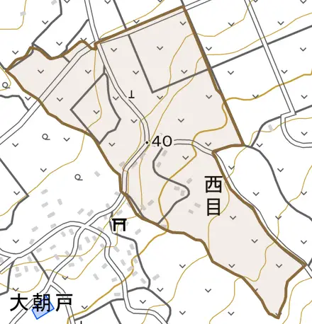 大字西目とその周辺の地図。町の範囲を重ねている