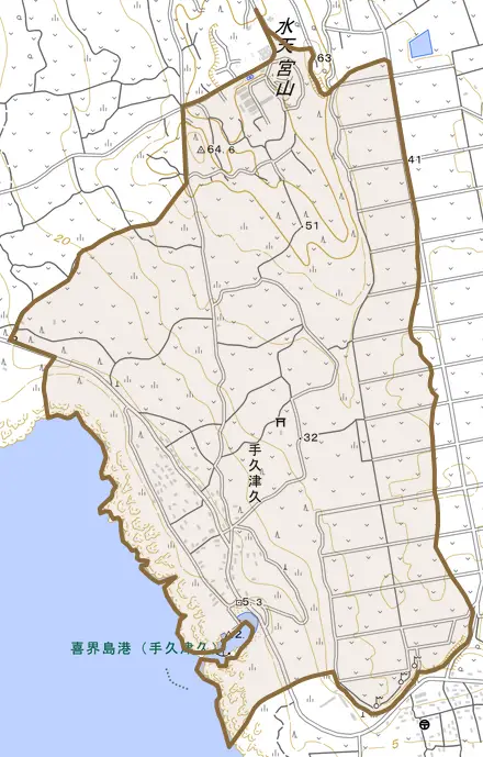 大字手久津久とその周辺の地図。町の範囲を重ねている