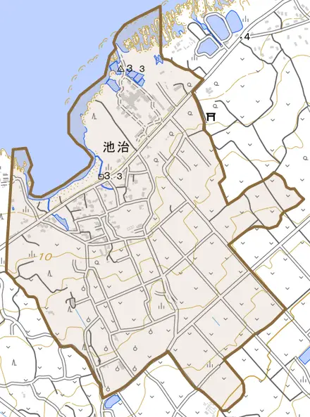 大字池治とその周辺の地図。町の範囲を重ねている