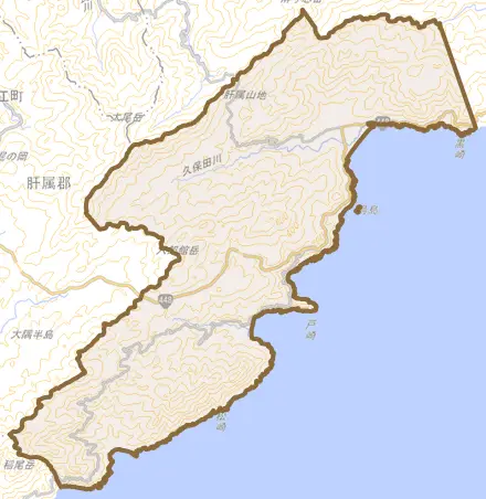 岸良とその周辺の地図。町の範囲を重ねている