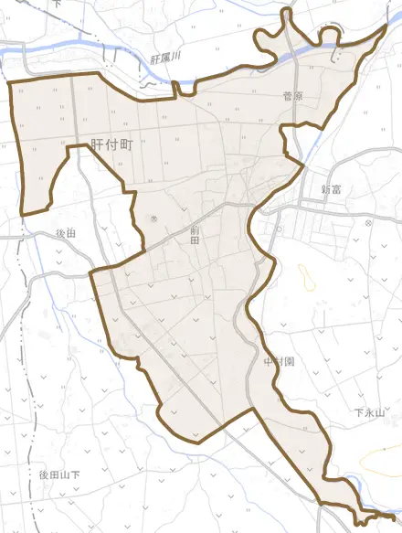 前田とその周辺の地図。町の範囲を重ねている