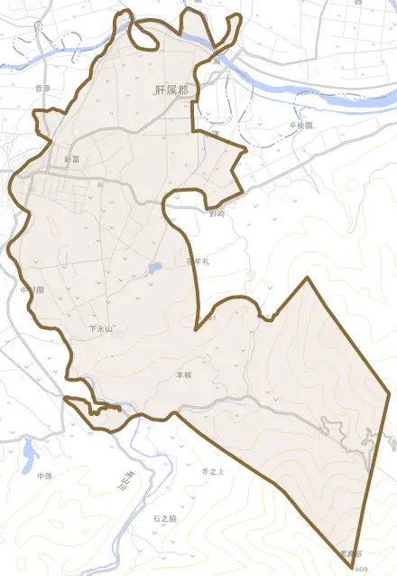 新富とその周辺の地図。町の範囲を重ねている