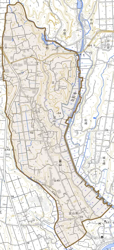 富山とその周辺の地図。町の範囲を重ねている