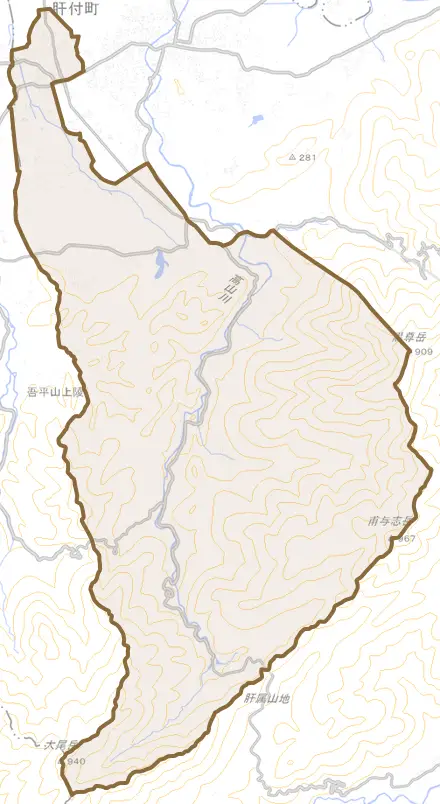 後田とその周辺の地図。町の範囲を重ねている