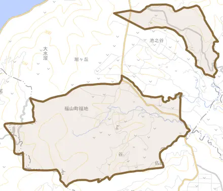 福山町福地とその周辺の地図。町の範囲を重ねている