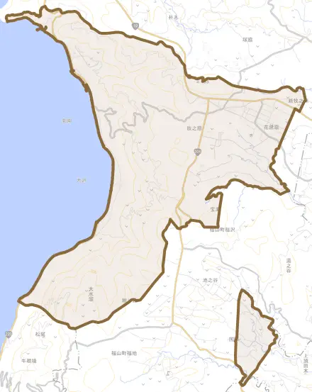 福山町福山とその周辺の地図。町の範囲を重ねている