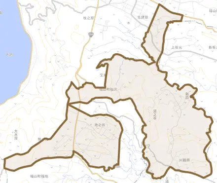 福山町福沢とその周辺の地図。町の範囲を重ねている
