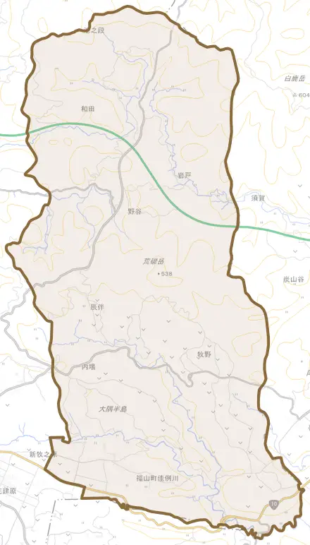 福山町佳例川とその周辺の地図。町の範囲を重ねている