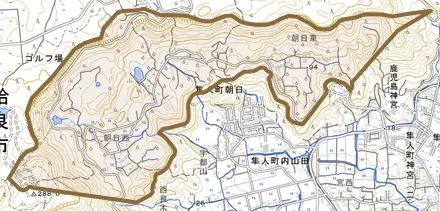 隼人町朝日とその周辺の地図。町の範囲を重ねている