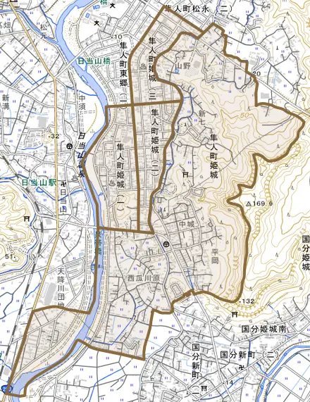 隼人町姫城とその周辺の地図。町の範囲を重ねている
