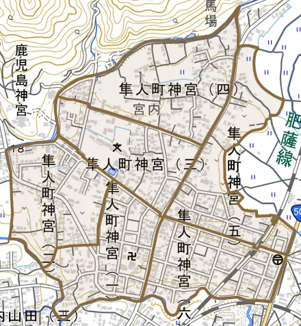 隼人町神宮とその周辺の地図。町の範囲を重ねている