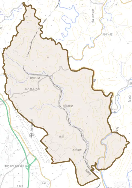 隼人町嘉例川とその周辺の地図。町の範囲を重ねている