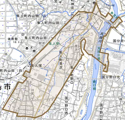 隼人町見次とその周辺の地図。町の範囲を重ねている