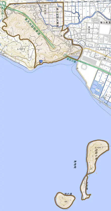 隼人町野久美田とその周辺の地図。町の範囲を重ねている