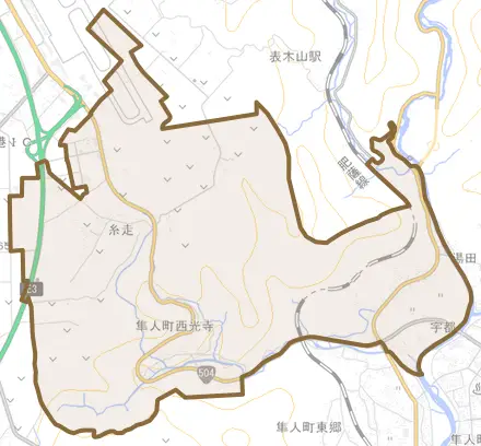 隼人町西光寺とその周辺の地図。町の範囲を重ねている