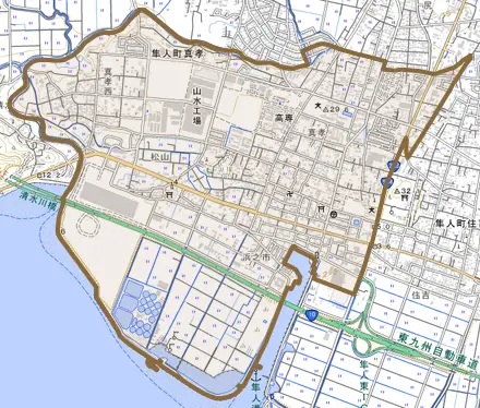 隼人町真孝とその周辺の地図。町の範囲を重ねている