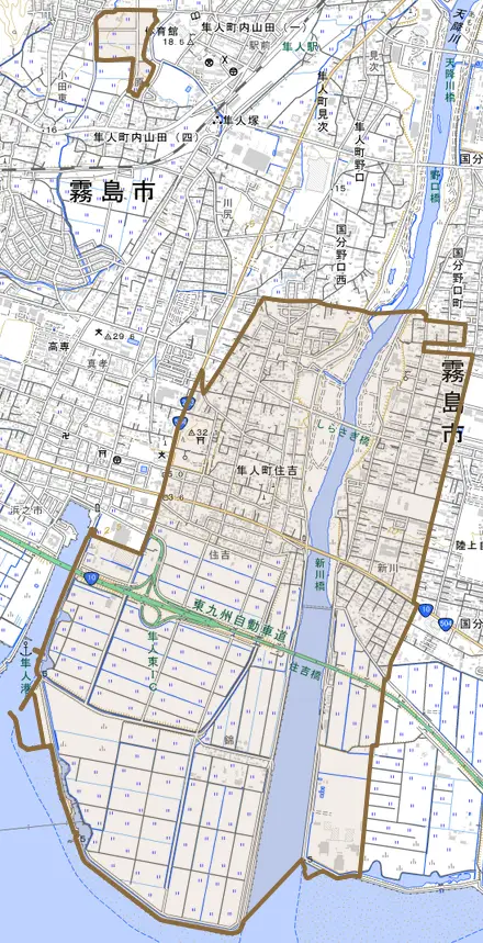 隼人町住吉とその周辺の地図。町の範囲を重ねている