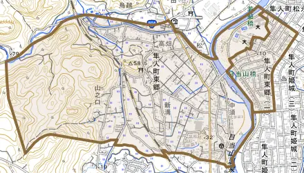 隼人町東郷とその周辺の地図。町の範囲を重ねている